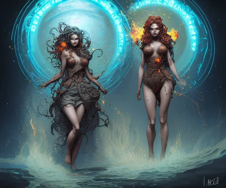 Four doll divine representing each one the four elements: Fire: Earth: Air: Water. Mark Brooks and Dan Mumford, comic book art, perfect, smooth elemental galactic space core. Detailed photograph, WLOP, Unreal Engine 5 volumetric lighting Insanely intricate face hair lashes hyper detailed painting by Ismail Inceoglu Huang Guangjian and Dan Witz Central fantasy art album cover art resolution HD