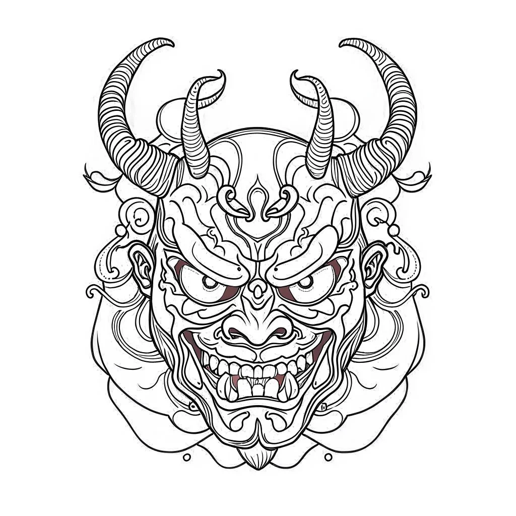 White, minimalis line art , oni mask japanes , vector, white background, outline, with images neatly contained within the background, just black and white color, tatto style.