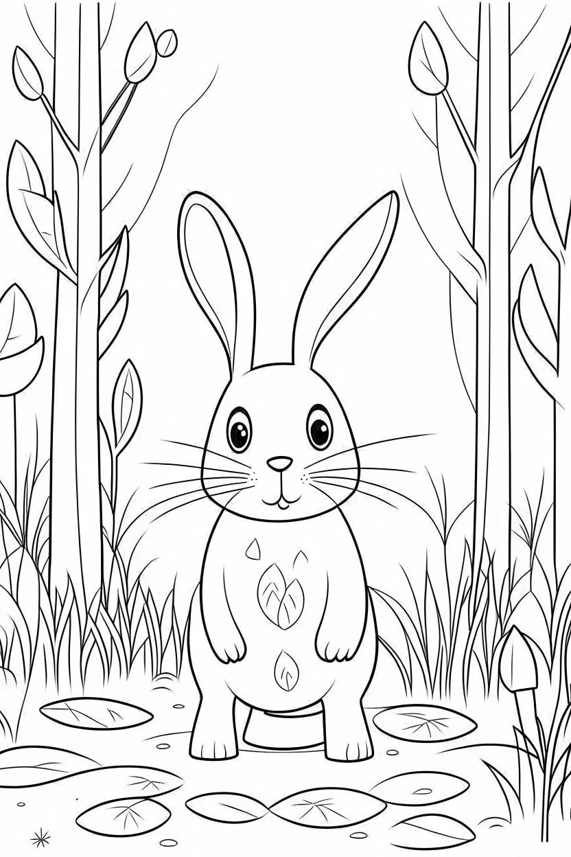 Coloring page for toodlers, with a cute forest hare, very Bold outlines and white background, minimal number of elements, very simple