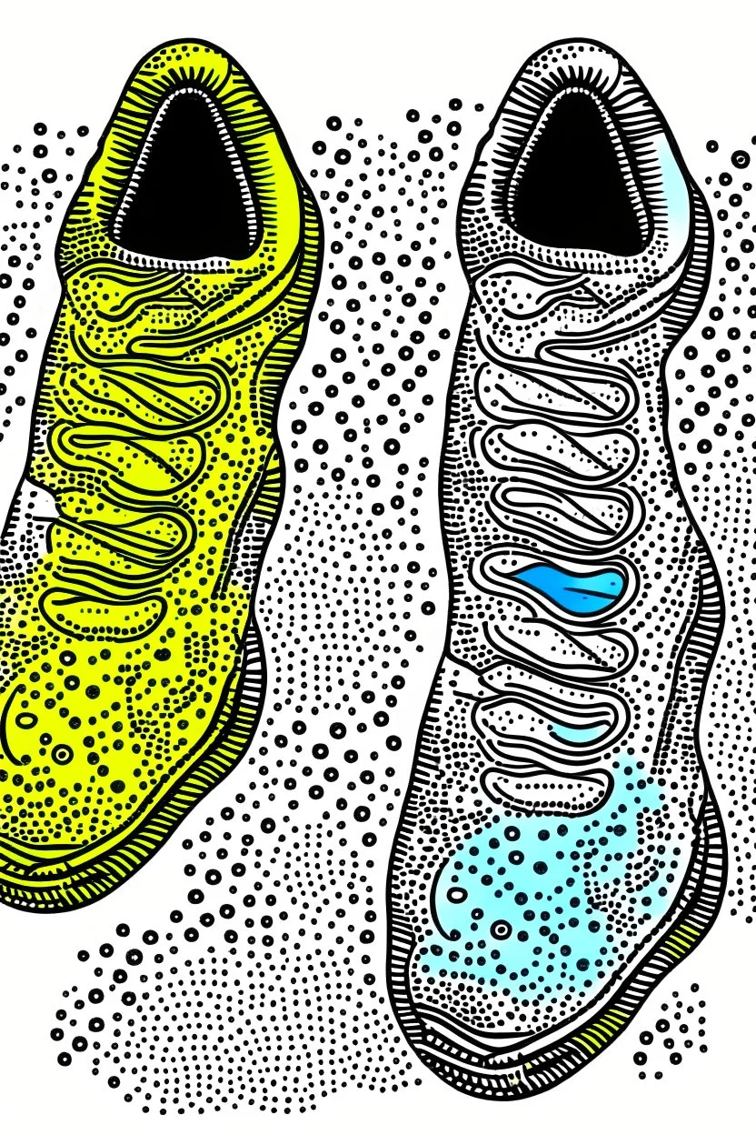 Draw two footprints. The tread pattern from the shoes is white and made entirely from the shapes of ghosts in the style of Salvador Dali’s “the face of war”. Use no more than 4 colours. Do not draw a shoe.