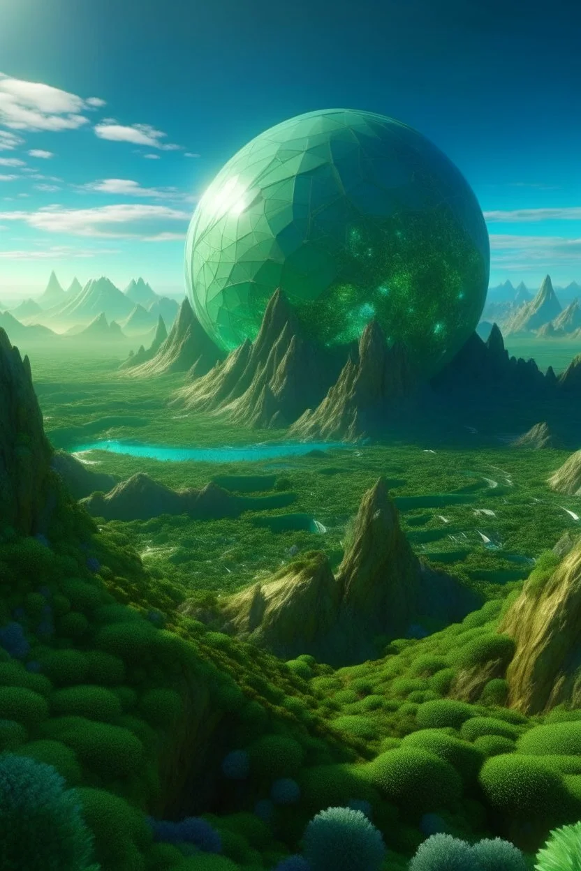 A beautiful landscape of an earth-like planet, abstract, sci-fi, hyper-realistic, super detailed, 8k, futuristic, marble, kaleidoscope using only shades and hues of green and azure, james webb telescope inspired, floral lush biome. highly technological society, inspired by egypt and babylon, pyramids in the distance, cityscape, perfect circles