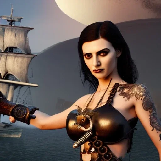 realistic, young model with dagger, short black hair flowing. holding a sword. black tatoo on arm. dressed a steampunk pirate, bra with carved leather. Salvador dalì style. Ships in background with high details. 4k, unreal engine. A owl is landing in background.