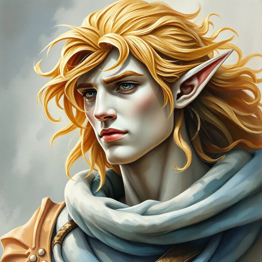 fantasy, dramatic portrait, marble statue of an elf male, marble skin, watercolour, golden hair, warrior, mighty, righteous