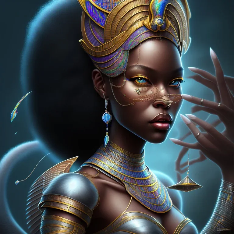 sango fantasy, fantasy magic, intricate, sharp focus, illustration, highly detailed, digital painting, concept art, matte, masterpiece head sexy view black African beauty black afro hair earth lady silver falcon head Egyptian princess