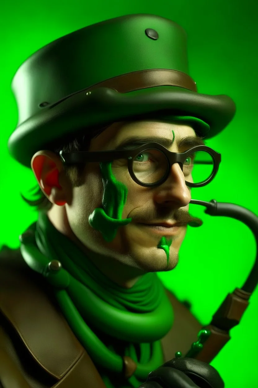 A man with smooth features made of green slime wearing Groucho Marx glasses, leather armor and a fedora. He is wielding a crossbow.