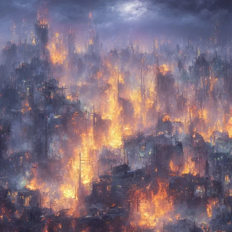 Oil painting of a burning city