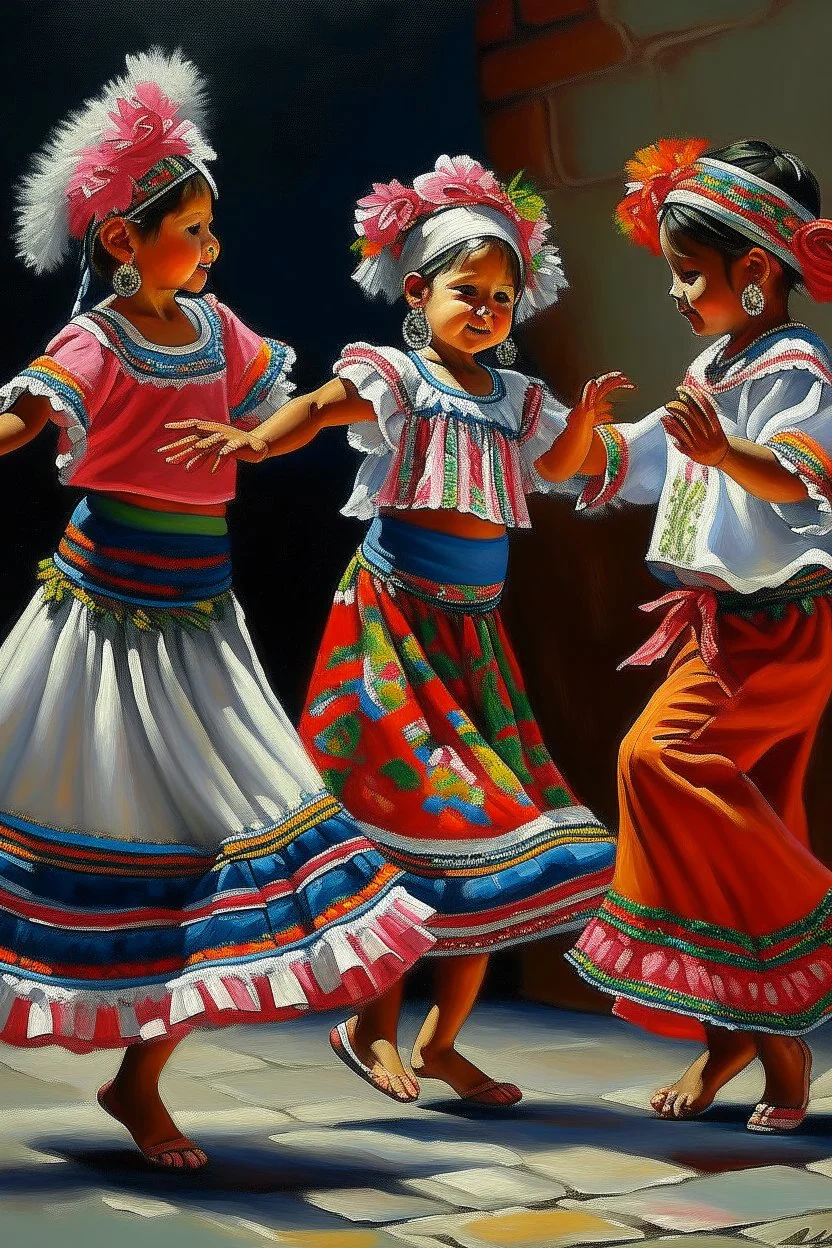 2 maxican childeren dancing traditional clothes painting neoclassism in a traditional