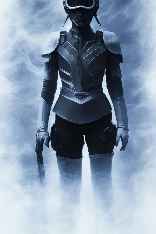 All Black AnnaSophia Robb soldier, ghost, wearing high tech mask, white smoke, dark, rage, sorrow, high definition, ultra 8 k, volumetric lighting, blue fire, fog