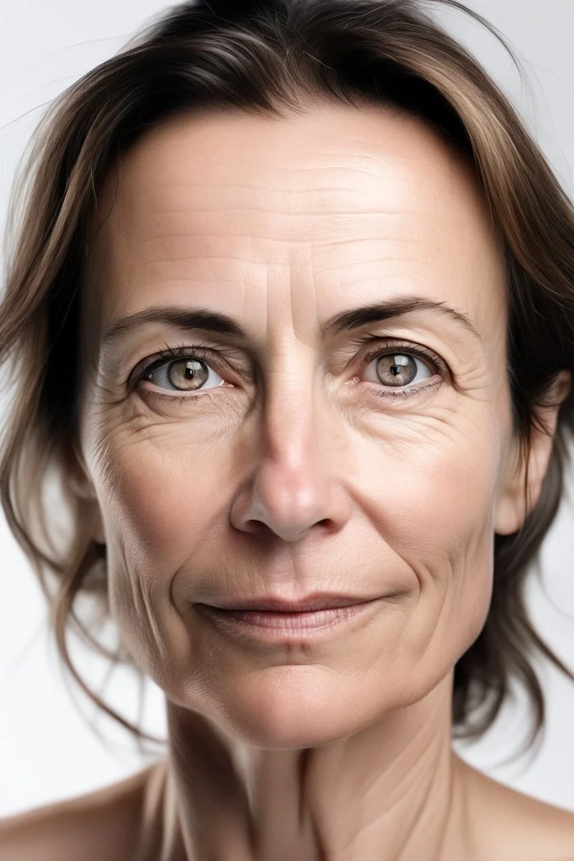 Stunning natural true colors and not too saturated professional photography showing a beautiful face without wrinkles 40-year-old European woman on white background