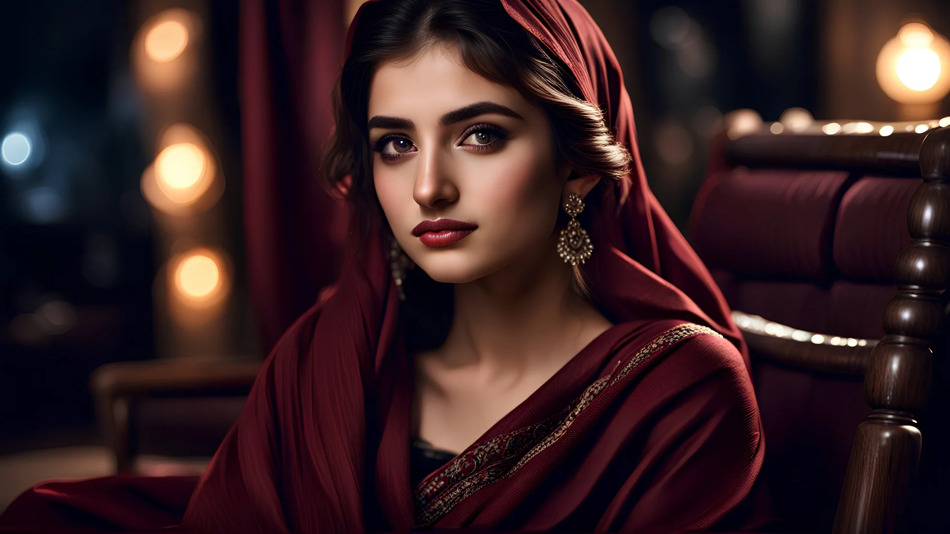 Hyper Realistic Photographic-close-view of Young Beautiful Pashto Girl with-beautiful-eyes-&-lips in a Maroon-dress-&-black-shawl & giving bold expressions-with-little-smile sitting on a rocking-chair with beautiful moonlight-rays-on-her-face at night inside a dark lounge showing dramatic & cinematic ambiance.
