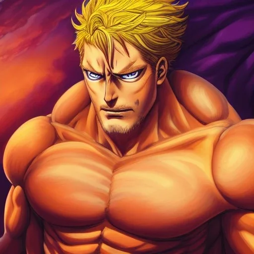 head and shoulders portrait, Escanor Seven Deadly Sins, arthur kulkov, Russian, anime, circus, male, ringleader, muscular, man, strong,lisa frank fantasy, detailed matte painting, deep color, fantastical, intricate detail, 8k resolution concept art portrait by Greg Rutkowski, yoji shinkawa dreamscape, fenghua zhong, mystical colors, Golden hour, beeple, neon pastel color palette, beautiful colorful interesting detailed storybook fantasy