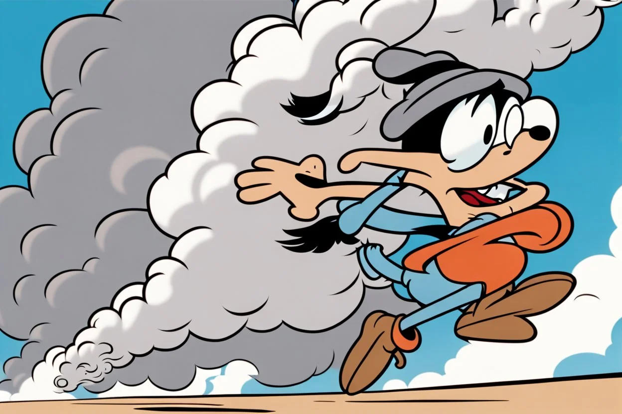 mostly sky, ground line at bottom, small cartoon character on the bottom right running towards the right side, leaving behind a puff of smoke. style of looney toons cartoon