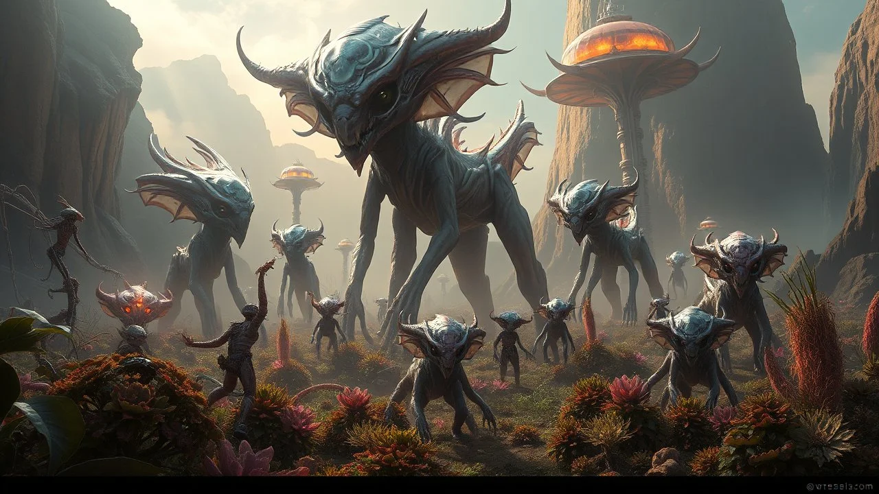 A captivating depiction in digital form, showcasing a plethora of extraterrestrial creatures ,This imaginative artwork embodies the essence of science fiction, presenting a medium shot composition with fantastical beings that are unique, belonging to a world beyond our own. The awe-inspiring environment surrounding these mystical creatures consists of alien plants, enhanced by atmospheric lighting, and breathtaking landscapes. Displa