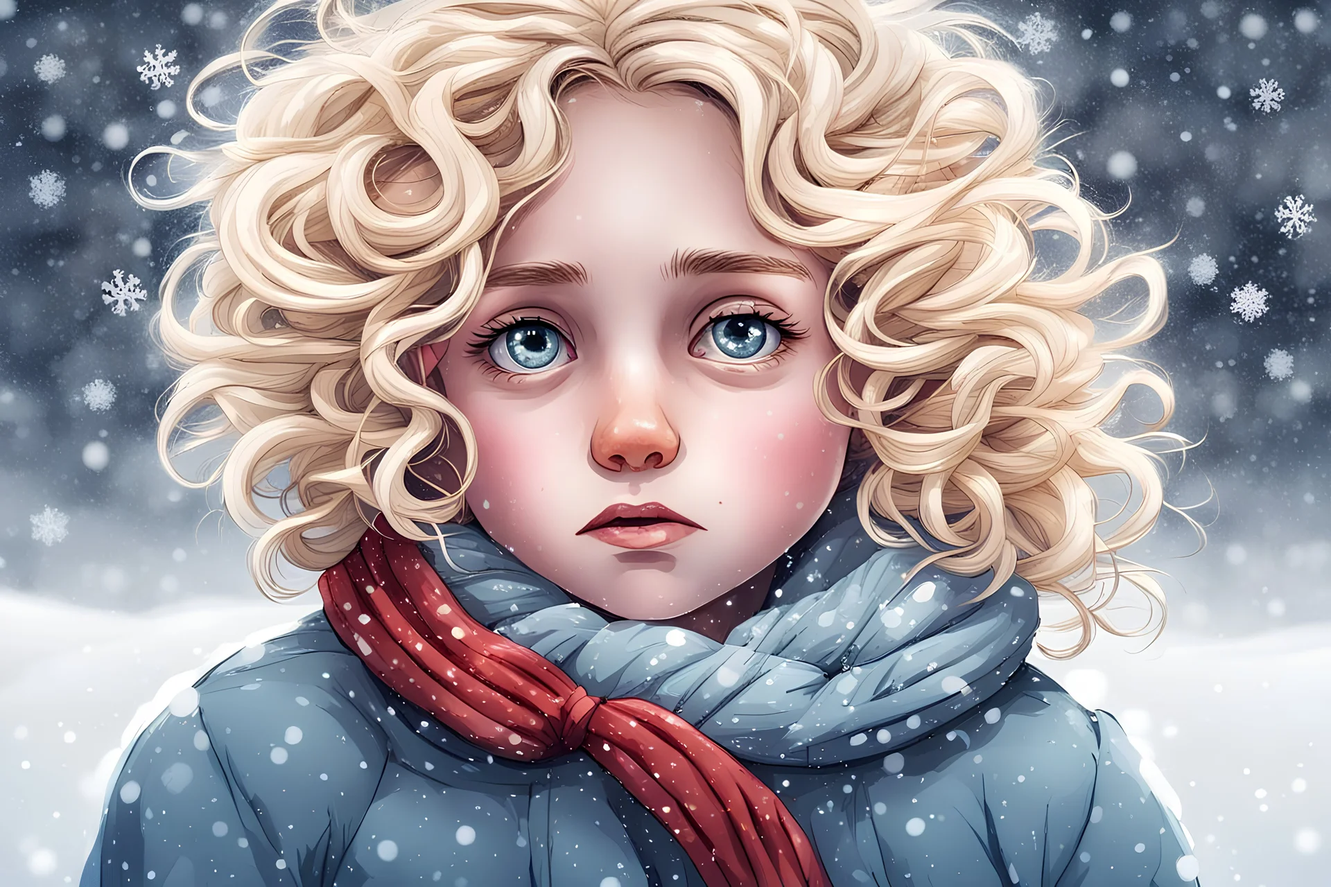 Lonely orphan with big innocent eyes and curly blonde hair and snowflakes in her hair. Lots of big snowflakes. Snowy landscape.