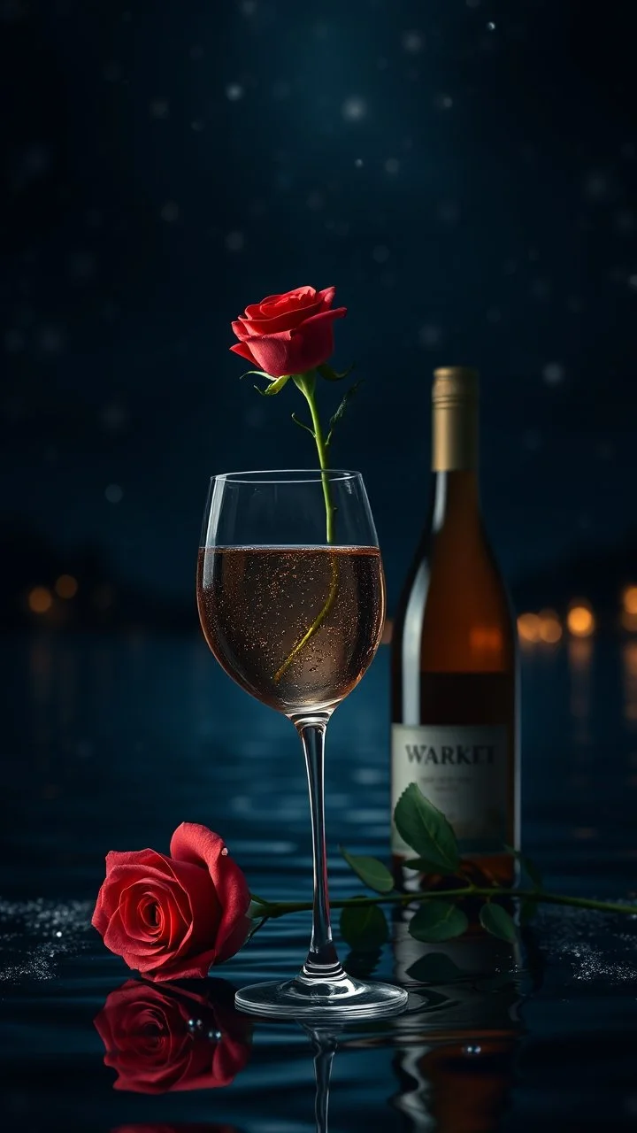 a glass, on river water surface dark background with stars a bottle of wine and a rose and sparkling lights dots