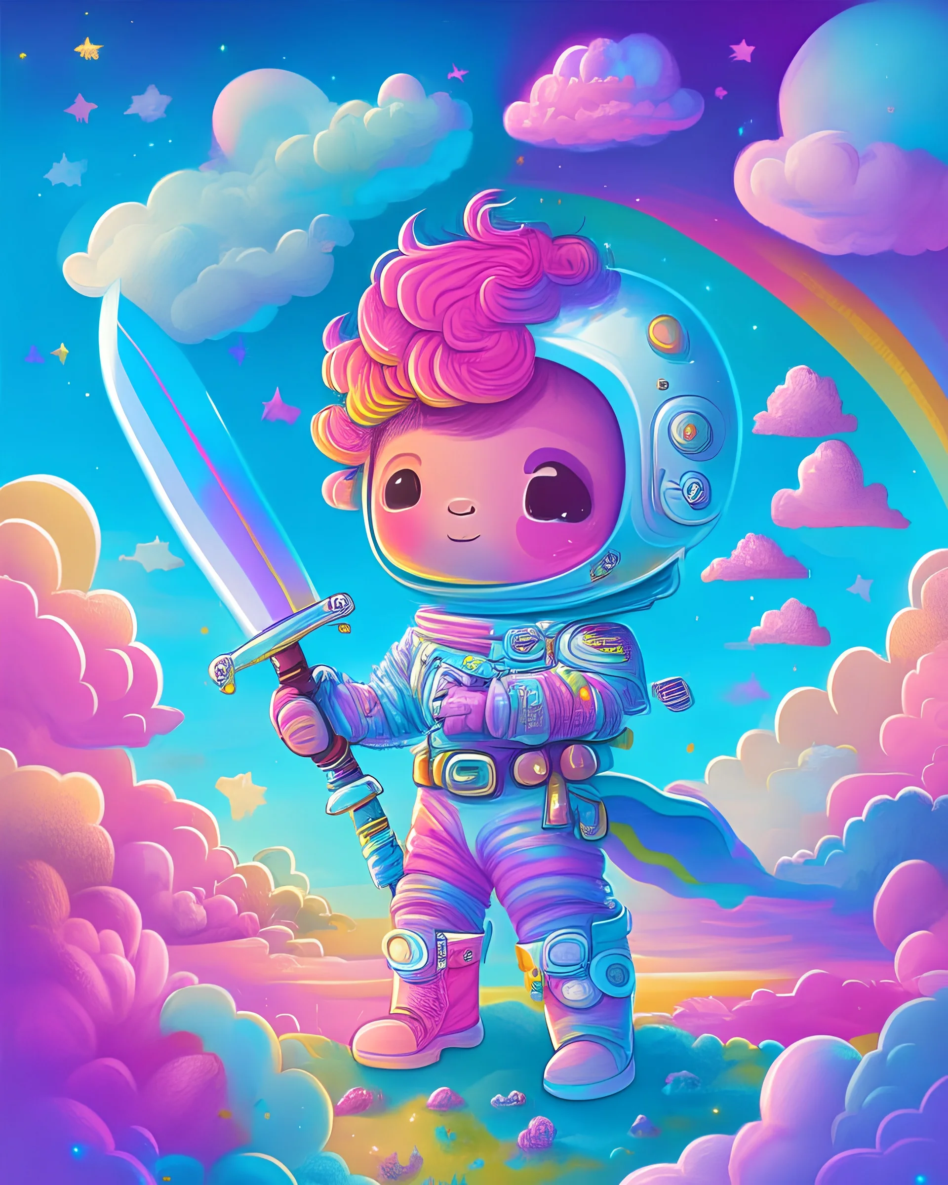 Highly detailed portrait of a cute little astronaut. He has a bright and cheerful color scheme, featuring a mix of pastel blues, pinks, and purples, standing with his arms folded holding a toy sword, surrounded by a swirl of energy. The background is a colorful cartoon landscape, with fluffy clouds and a rainbow. The background is a stark, metallic landscape, with a futuristic cityscape visible in the distance. by atey ghailan, by eduard hopper, by greg tocchini, by james gilleard, grunge aesthe