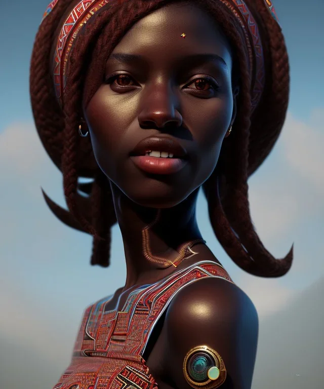 Negra Francisca, cute, beautiful, African, red fabric dress, black hair, head and shoulders portrait, 8k resolution concept art portrait by Greg Rutkowski, Unreal Engine 5 volumetric lighting