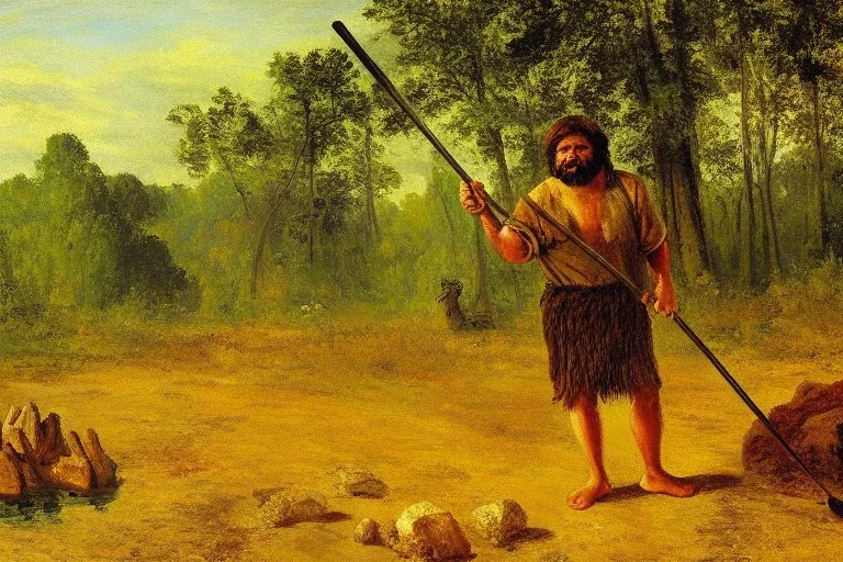 caveman holding a club, cave, cave bear, campfire, stone age, Impressionism, masterpiece, mellow, dawn,