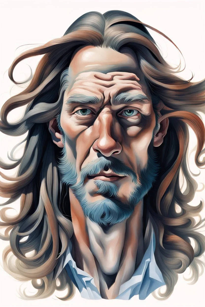 This image depicts a lifelike caricature of a man with long hair. The man is the central figure in the picture, taking up most of the space, with his features and hair color against a white background. The image has an artistic style that leans toward abstraction, making it an interesting piece of art. The man's face is one of the most dominant aspects of this image. His facial features are emphasized, and a lot of character is shown, which is typical of anime drawings. This photo doesn't h