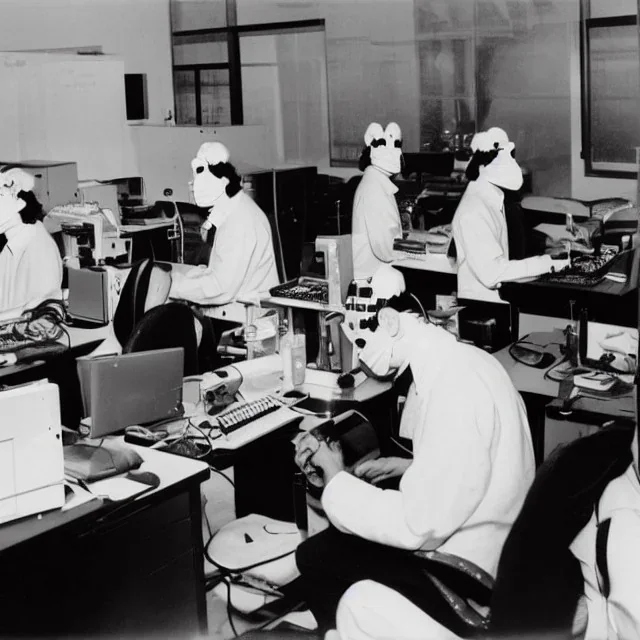 scientists at the computer in carnival masks. the masks are checkered.