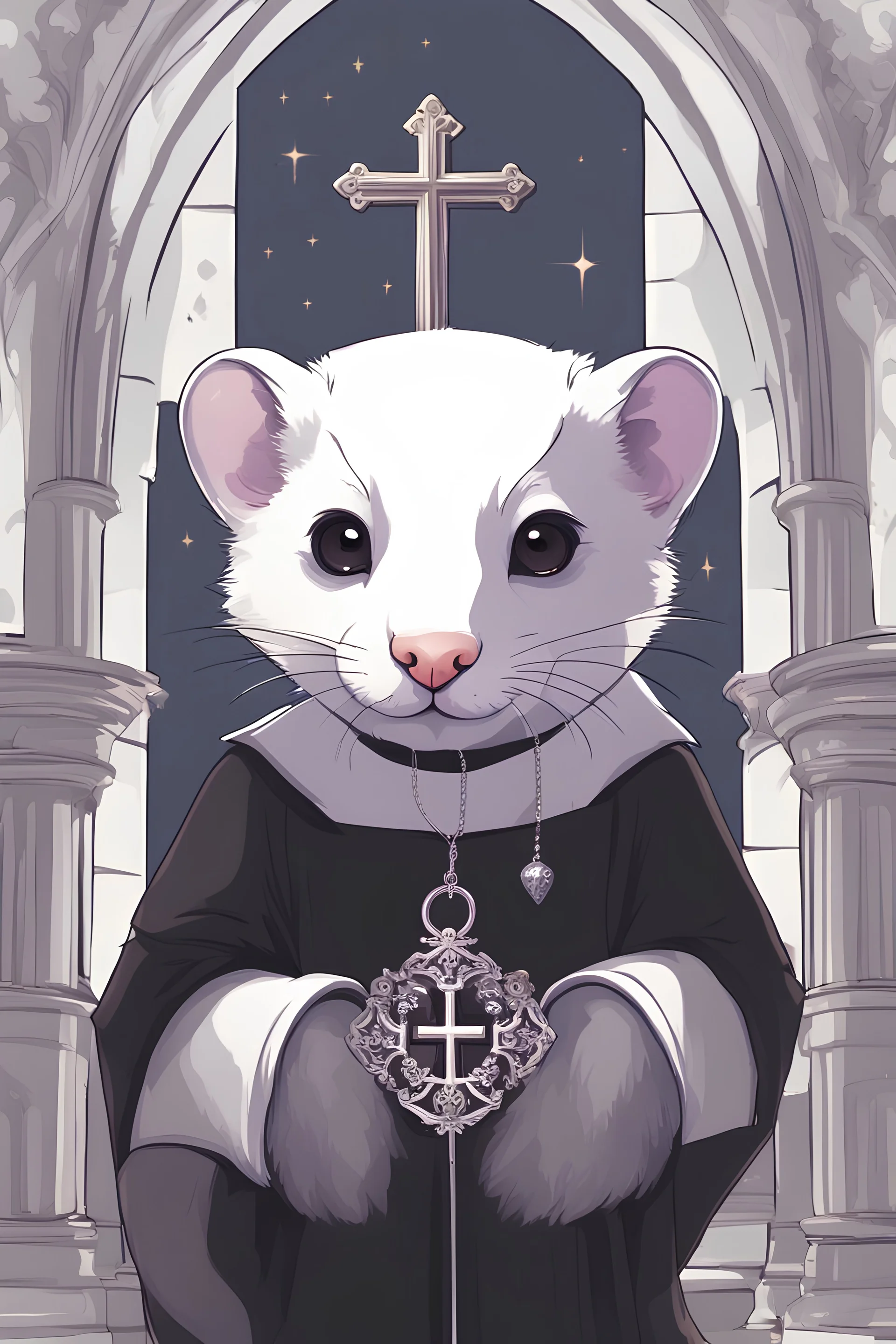 (anthropomorphic white ferret),dressed in ((cleric fantasy)) black clothes with silver holy ornaments, realistic anatomy, holy symbols around, serious face, hold holy cross symbol, tired face, in the style of LOISH, look at the vivewer, cute face, fantasy inspire, fantasy church on background with sunshine, gloomy atmosphere, high angle shot, purple armband, The holy icon style