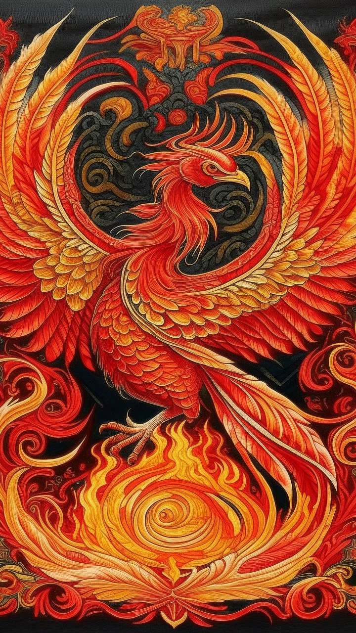 A light red fire elemental phoenix designed in medieval tapestry painted by Alan Sorrell