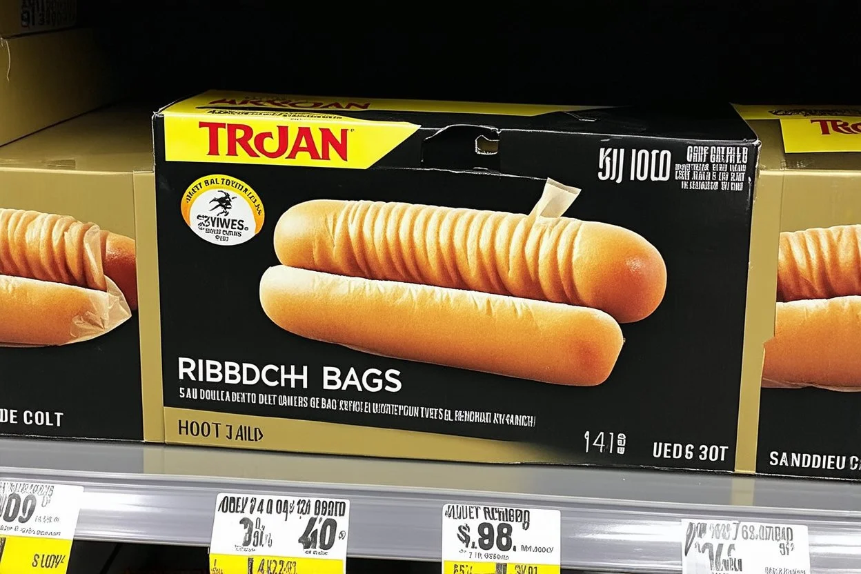 satirical product advertisement, Trojan brand black and gold sandwich bag box on display on a grocery store shelf, "RIBBED SANDWICH BAGS", picture on box is a long tubular hot dog bun poking out of an opaque yellow crenelated plastic bag, photorealistic, HD, natural lighting, Trojan brand logo