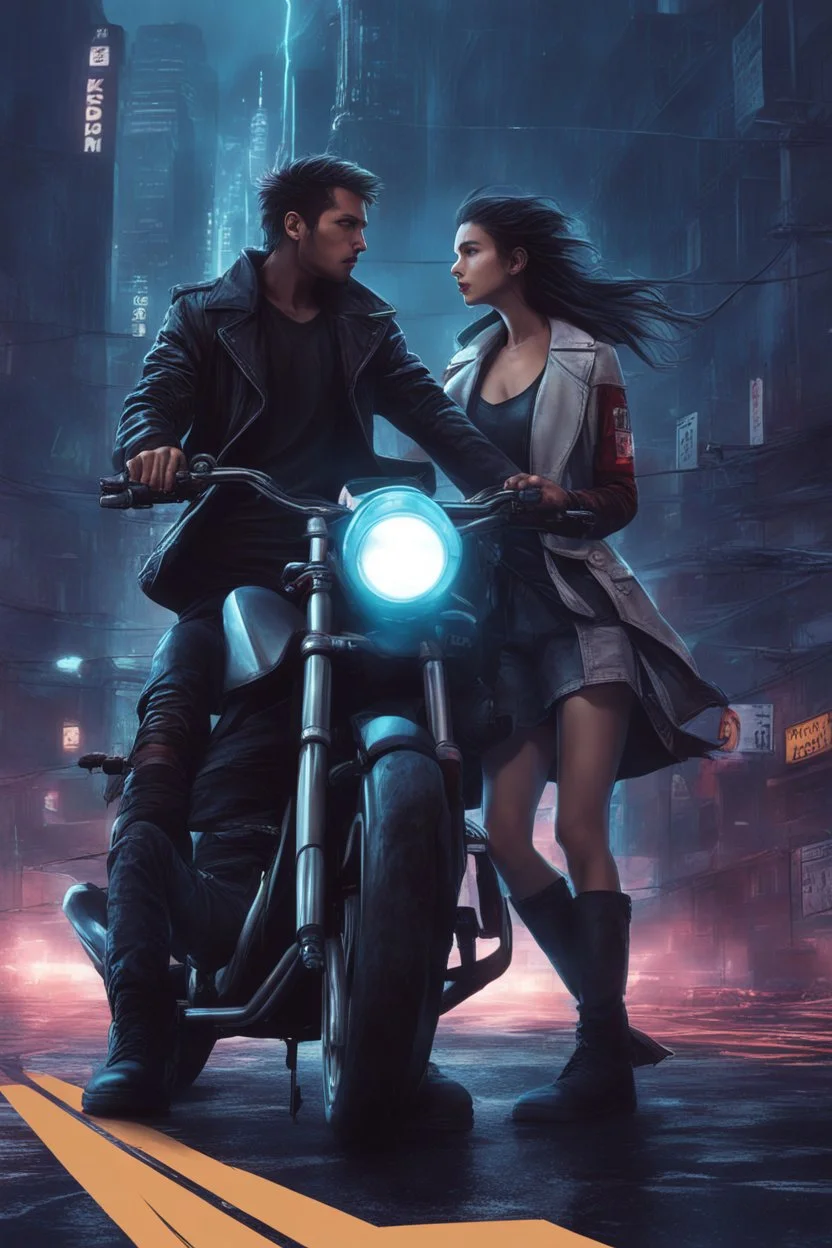 Science fiction, cyberpunk, city street, couple girl and guy, together, love at first sight, forbidden love, storm, lightning, motorcycle