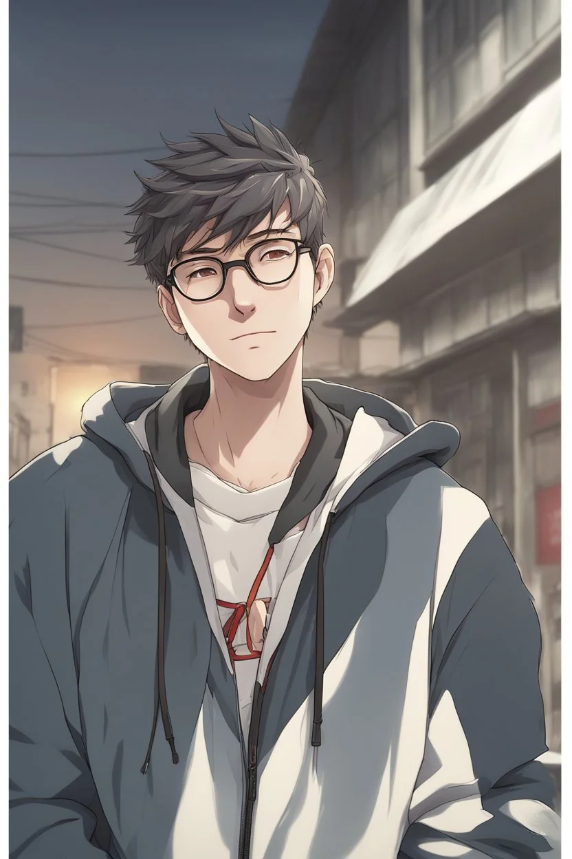 Anime man with glasses, wearing a hooded sweatshirt, slight smile, realistic