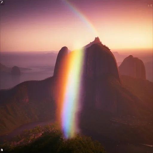 Christ the Redeemer, sunset, rainbow sunset, waterfall, palms, twigs, spring, sunset rainbow, flying birds, unreal engine 5, cinematic lighting, realistic, hyper detailed, 8k, octane render, cinema 4d