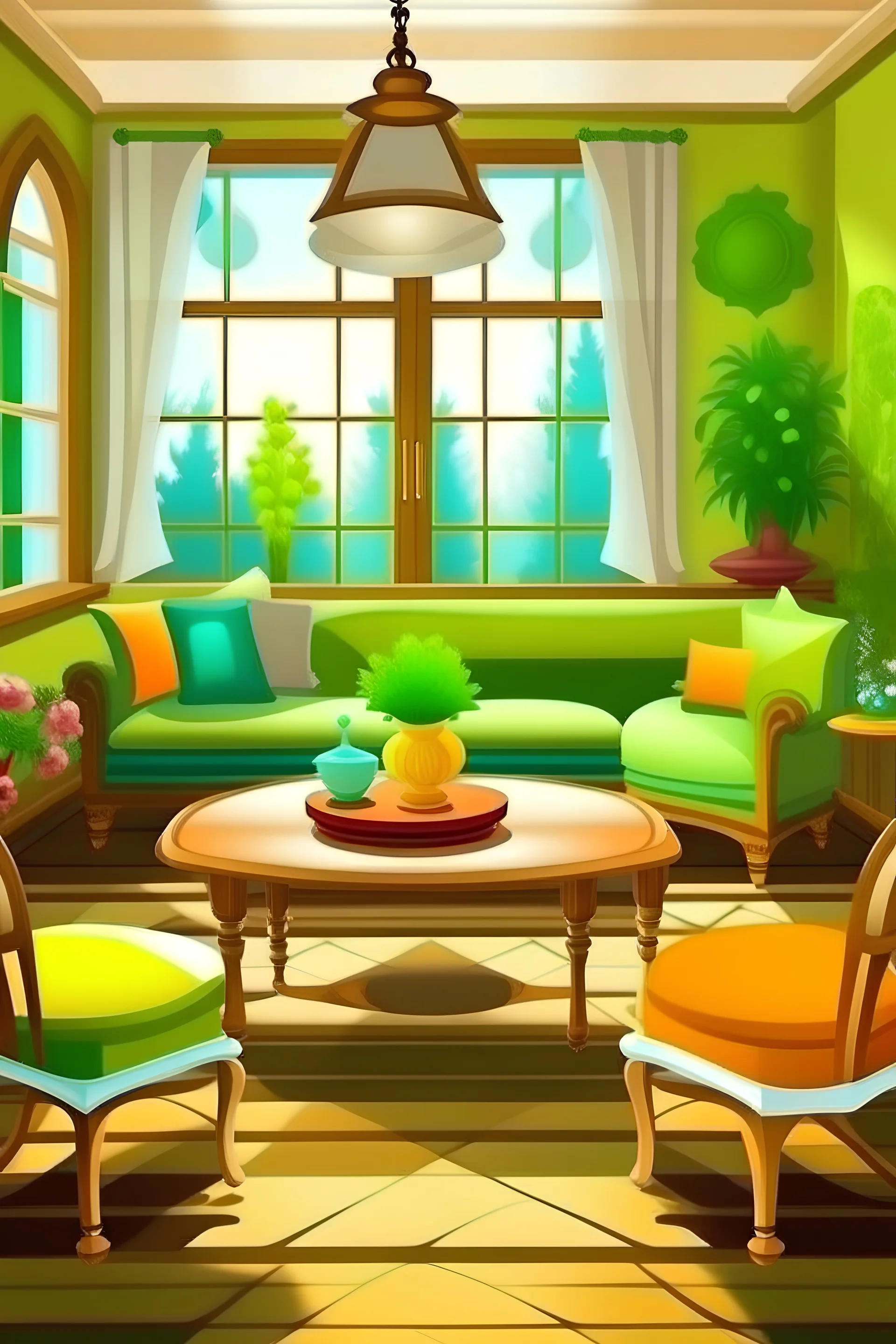 House interior design, sofa chair, dinning table, cartoon style, garden --ar 9:11