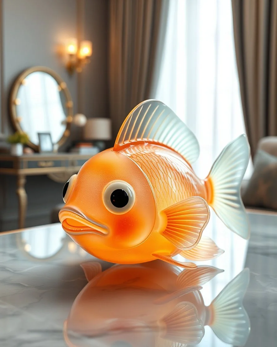 Generate image: Generate image: Generate image: A macro 3D render of a cute, lovely fish entirely of translucent, glossy,colored jelly material. it is sitting on table in a luxury bedroom next to makeup desk,subsurface scattering and gelatinous texture . High-quality CGI, octane render, 8k resolution, whimsical, adorable, clean composition., in the style of Portraits, in the style of Portraits, 4:3
