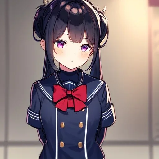 Clear focus, High resolution, rough line sketch, black long hair puffy twintails behind back, purple eyes, wearing a sailor uniform with a red bow, fluffy bangs, 1girl