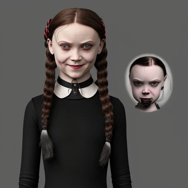  Greta Thunberg as wednesday addams black dress,soft goth libstick, wednesday addams make up, overknee socks, dramatic lighting, highly detailed oil painting, volumetric lighting