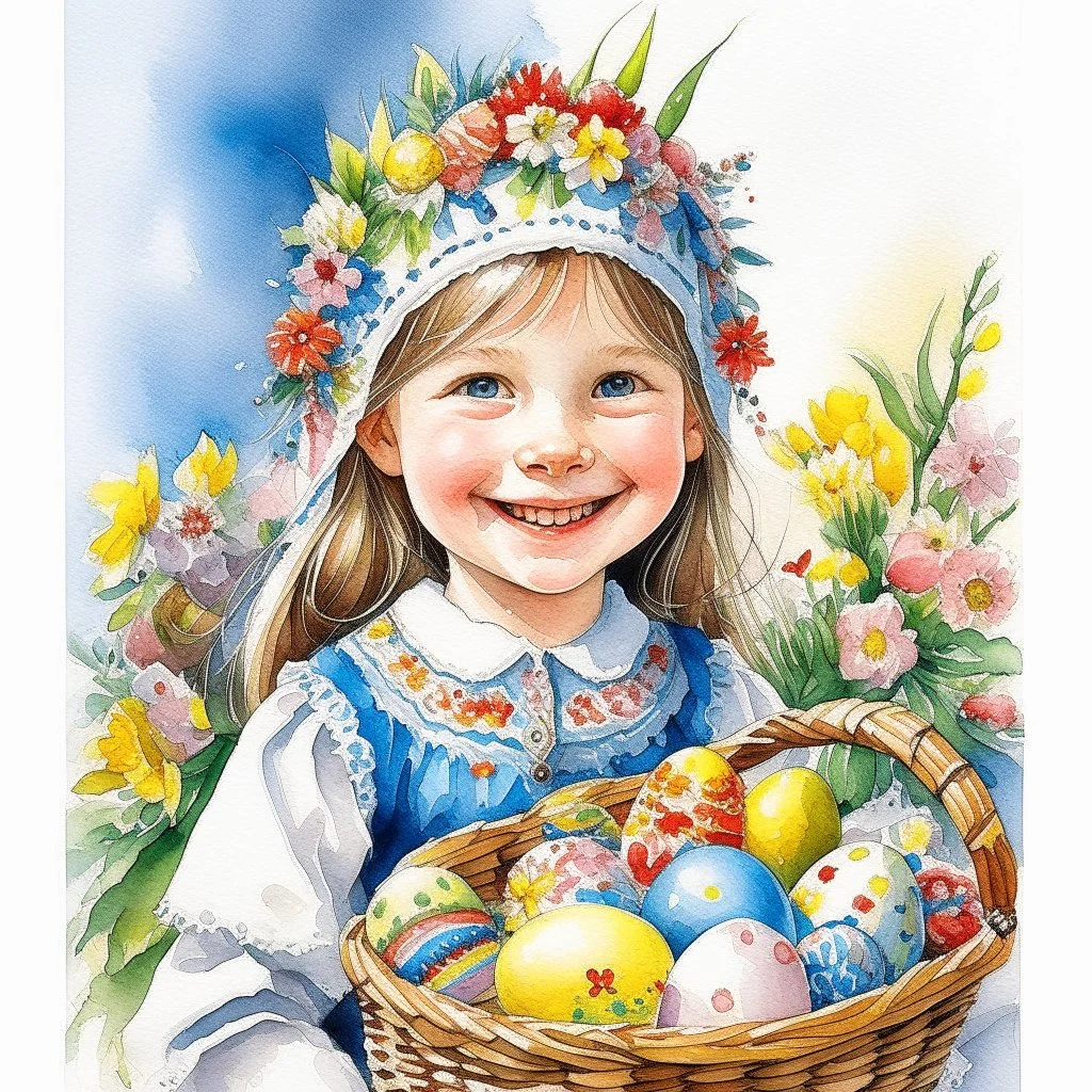 Easter Swedish smiling little girl native costume easter basket eggs flowers spring Thomas Wells Schaller, watercolor and ink, delicate