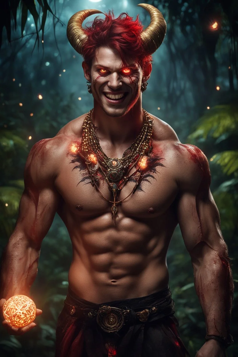 HYPER REALISTIC PHOTOGRAPHIC Middle Angle View Of A Handsome Muscular Young Man With Ritualistic Costume With Bone Necklace Unleashing Glowing Magic Balls, With A Fierce Devilish Smiling Expressions On His Face With Glowing Red Eyes With Short Messy Maroon Hair & Golden Horns In A Dark Dense Jungle At Dark Night With Fireflies Showing Dramatic & Cinematic Ambiance