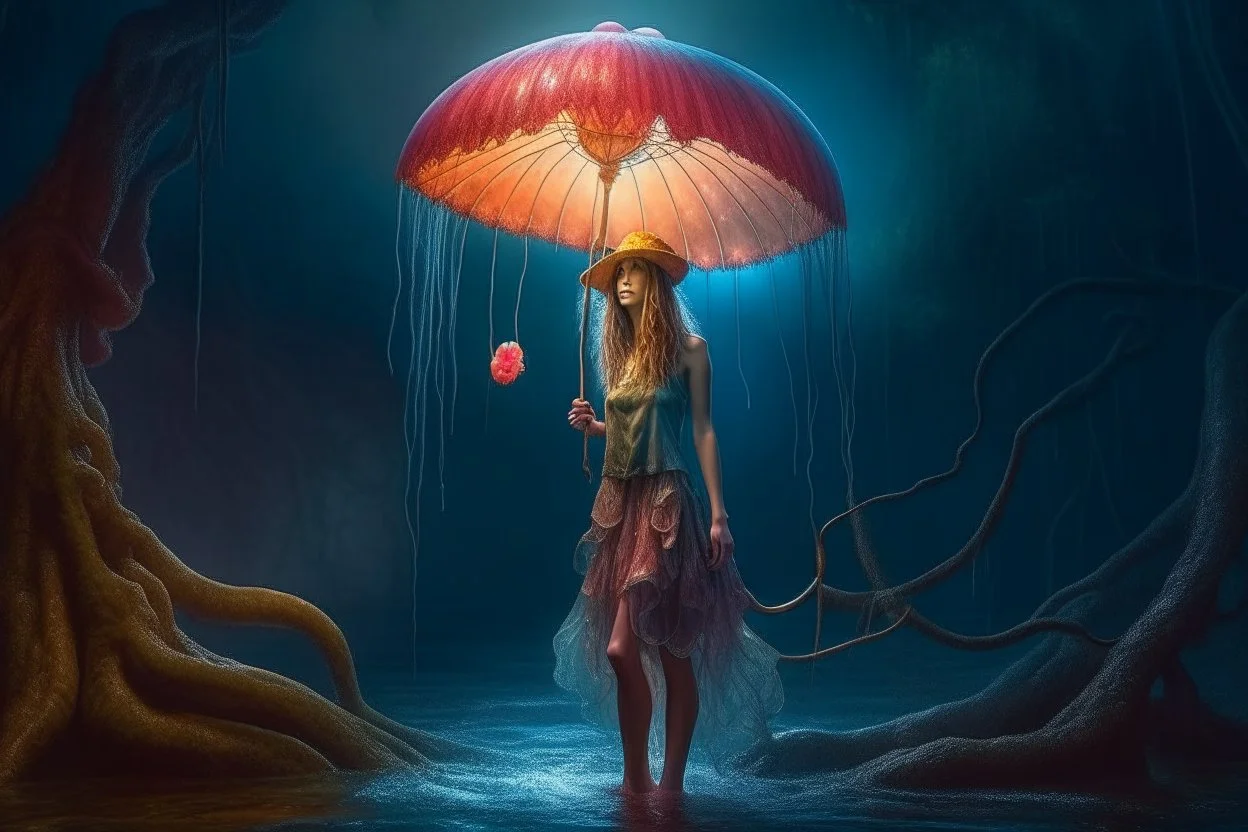 Full Body Shot Of A Young, Slim Woman Covered In rags, standing under a tree, holding an umbrella made from a jellyfish, a glowing ball in her hand, photorealistic, Detailed Matte Painting, Deep Colour, Fantastical, Intricate Detail,