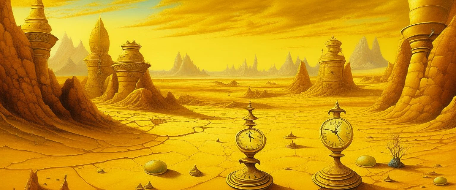 A golden yellow desert with clocks and hourglasses painted by Guo Xi