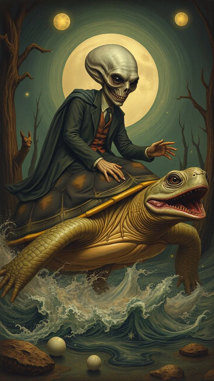 Hieronymus Bosch style nightmares a man with alien face riding a turtle