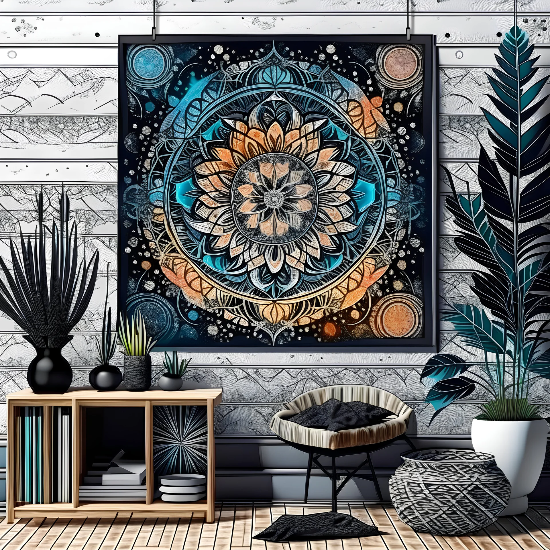 a mixed media of a Midnight Mandala illustration painting , digital art, screen print, wheat paste poster