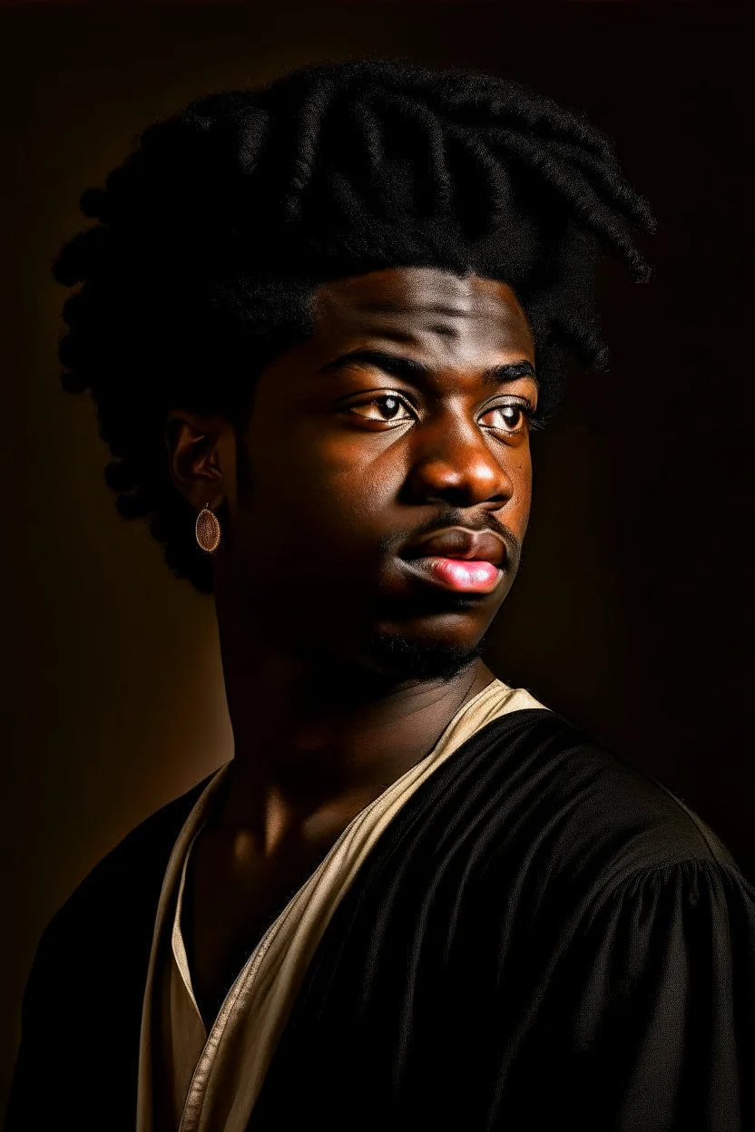 A portrait of a young black man, curvy black hair, Caravaggio style
