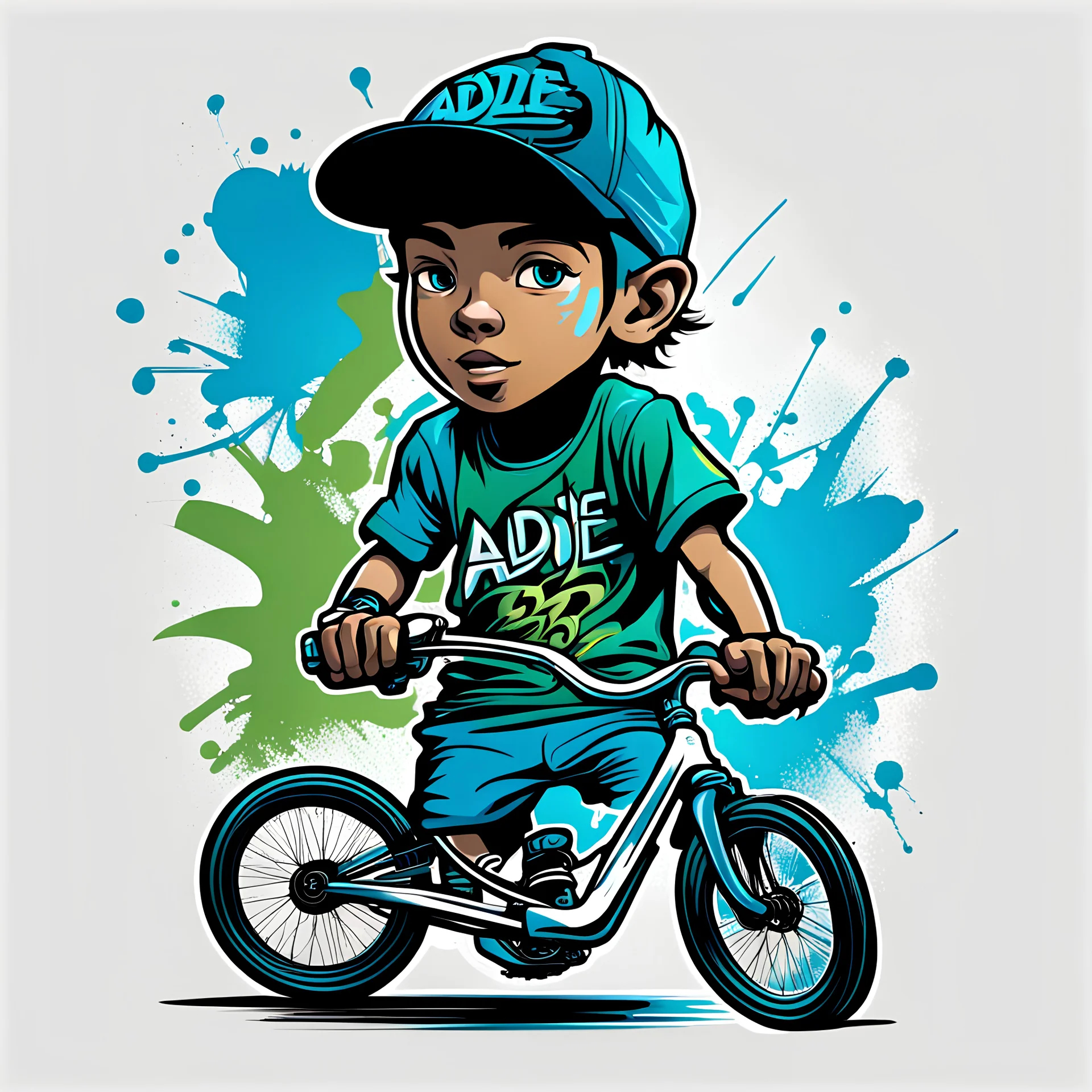 Vector t shirt art ready to print blue green light ograffiti illustration of A boy Indonesia freestyle bmx bike and a basecap with text "addie" On cap, white background.