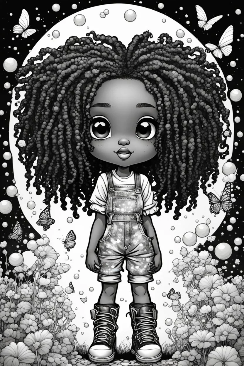Create an coloring page of a psychedelic illustration of a chibi cartoon black young girl wearing overalls and boots. . Highly detailed sister locs. Background of a large bubbles and butterflies all around her, black and white