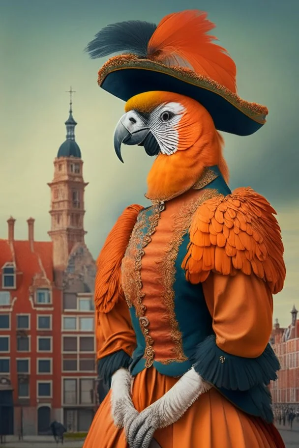 Female Half parrot half human in a old 1700s orange Dutch uniform in front of a Dutch city