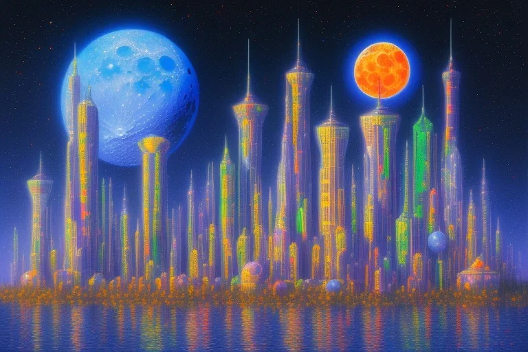 Impressionistic painting of one mile tall plastic "moon" City Towers made out of stacked Rubik's Cubes, Orange, white, blue, green. Jewel tones