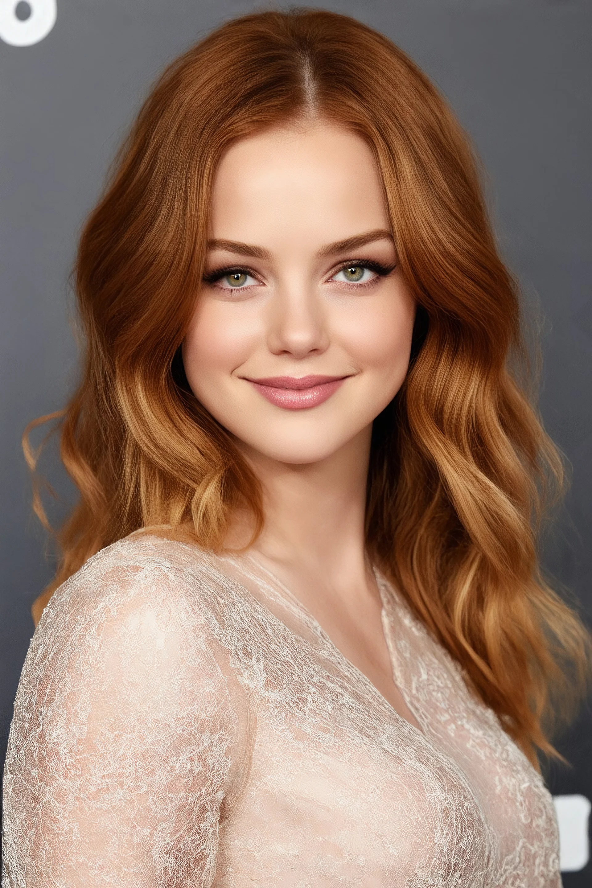 Debby Ryan, 32-year-old American actress, photorealistic 4K, cinematic lighting, heart-shaped face, porcelain fair skin with warm undertones, high cheekbones, soft peach blush, large almond hazel eyes flecked with green and amber, long curled lashes, soft arched brows, straight narrow nose with rounded tip, full lips with defined cupid’s bow in matte rose, auburn hair with copper highlights, mid-back length, voluminous waves, deep side part, slender hourglass frame