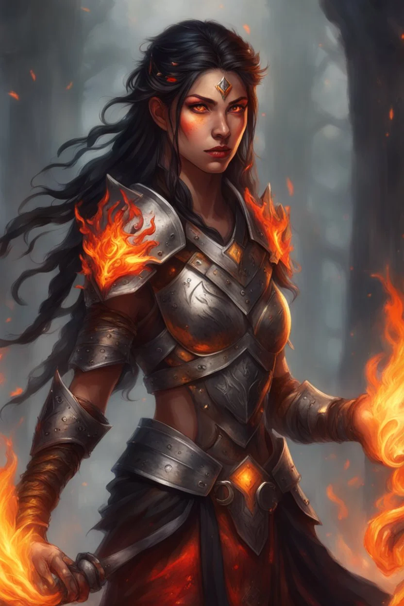 Visualize a commanding female Paladin Druid with bright red eyes effortlessly conjuring flames with her hands. Picture her black, half-braided hair seeming ablaze, surrounded by the glow of magical embers. Clad in lightweight armor, she relies on fire and magic, a scar on her face telling tales of battles on her tanned skin, embodying strength and elemental mastery.