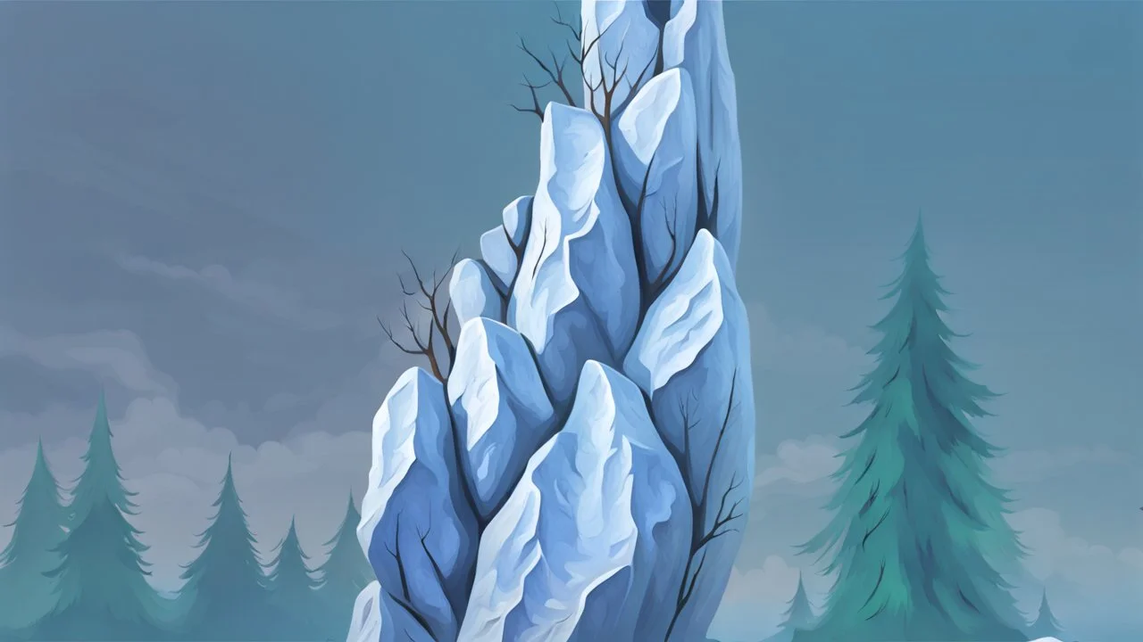 a tree trunk rock ascends from bottom border to the top border. background of sky photorealism