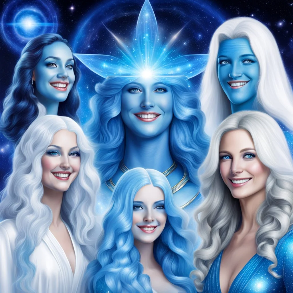 Joyeux conseil de plusieurs pleiadiens hommes et femmes souriants à peau bleue et à long cheveux blancs