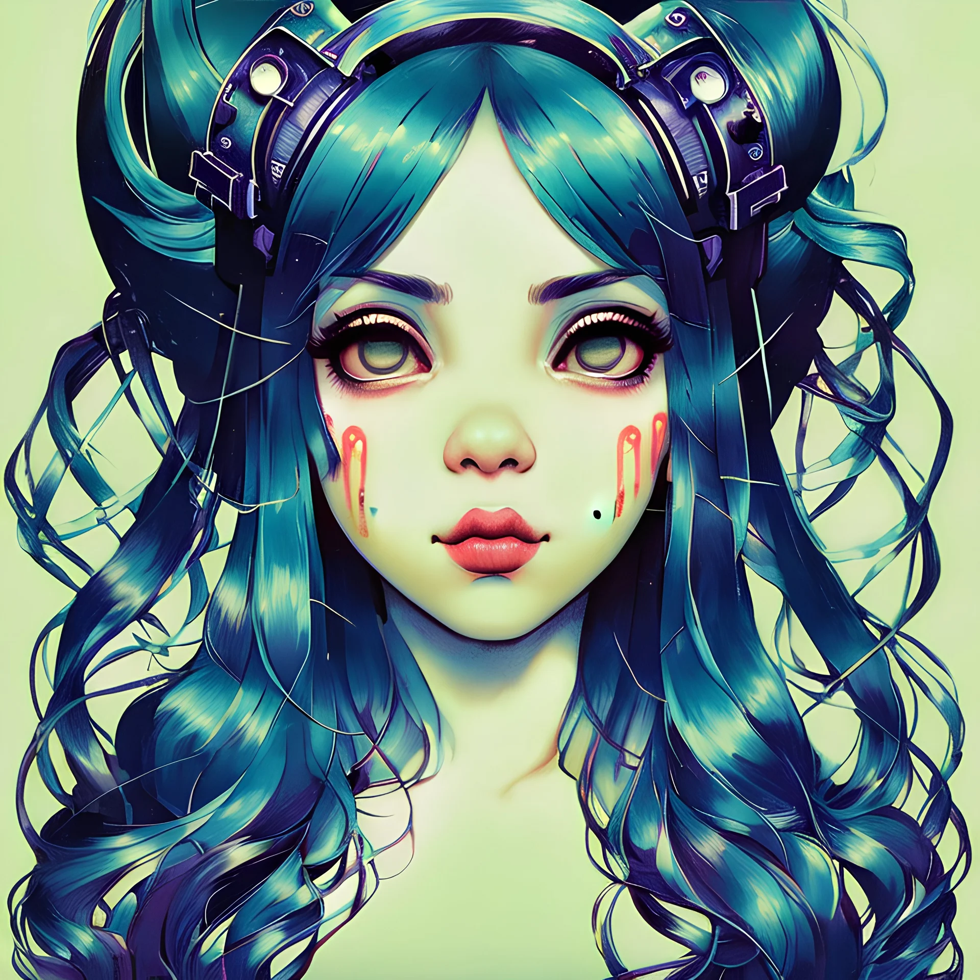 singer Melanie Martinez face, beautiful cyberpunk, hyperdetailed, illustration by Katsushika Hokusai, darkblue tones,